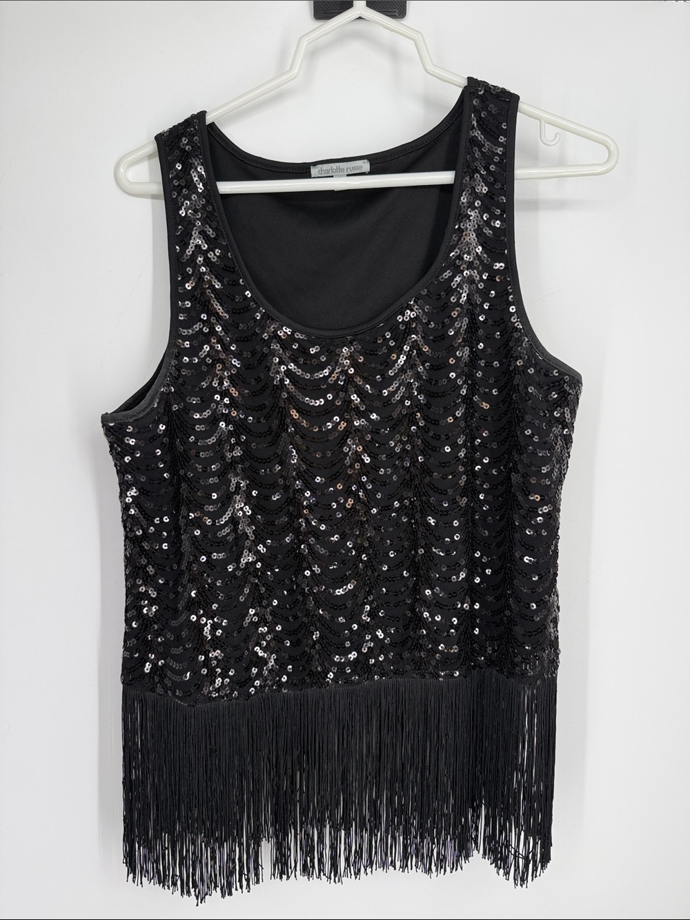 Vtg Charlotte Russe Black Sequin Fringe Tank Top Sz L